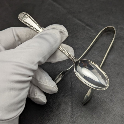 1887 British antique sterling silver teaspoon set of 12 and tongs